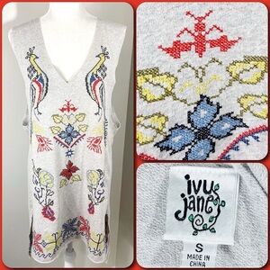 IVY JANE Grey Embroidered V-Neck Sleeveless Raw Hem Sweatshirt Dress - SMALL
